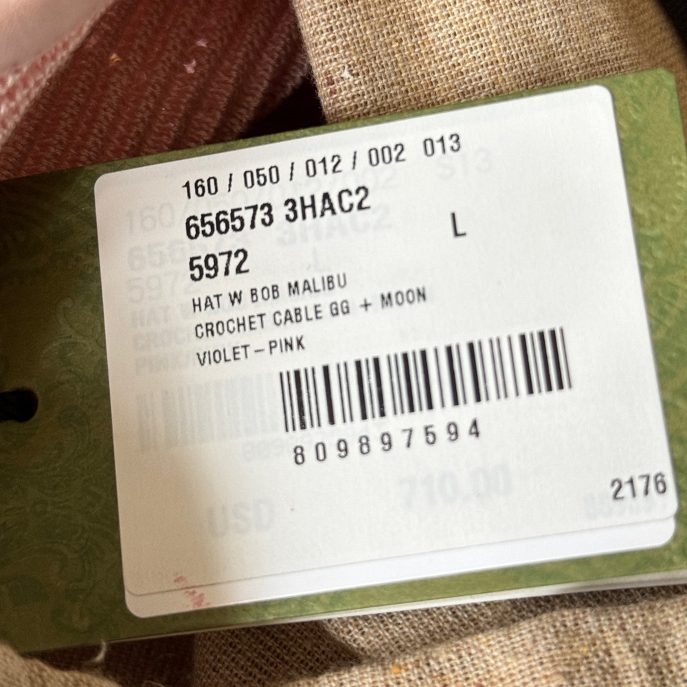 NWT~GUCCI~‘Malibu’ Leather-trimmed Crocheted Pink Bucket Hat - Large 58cm - Picture 13 of 14